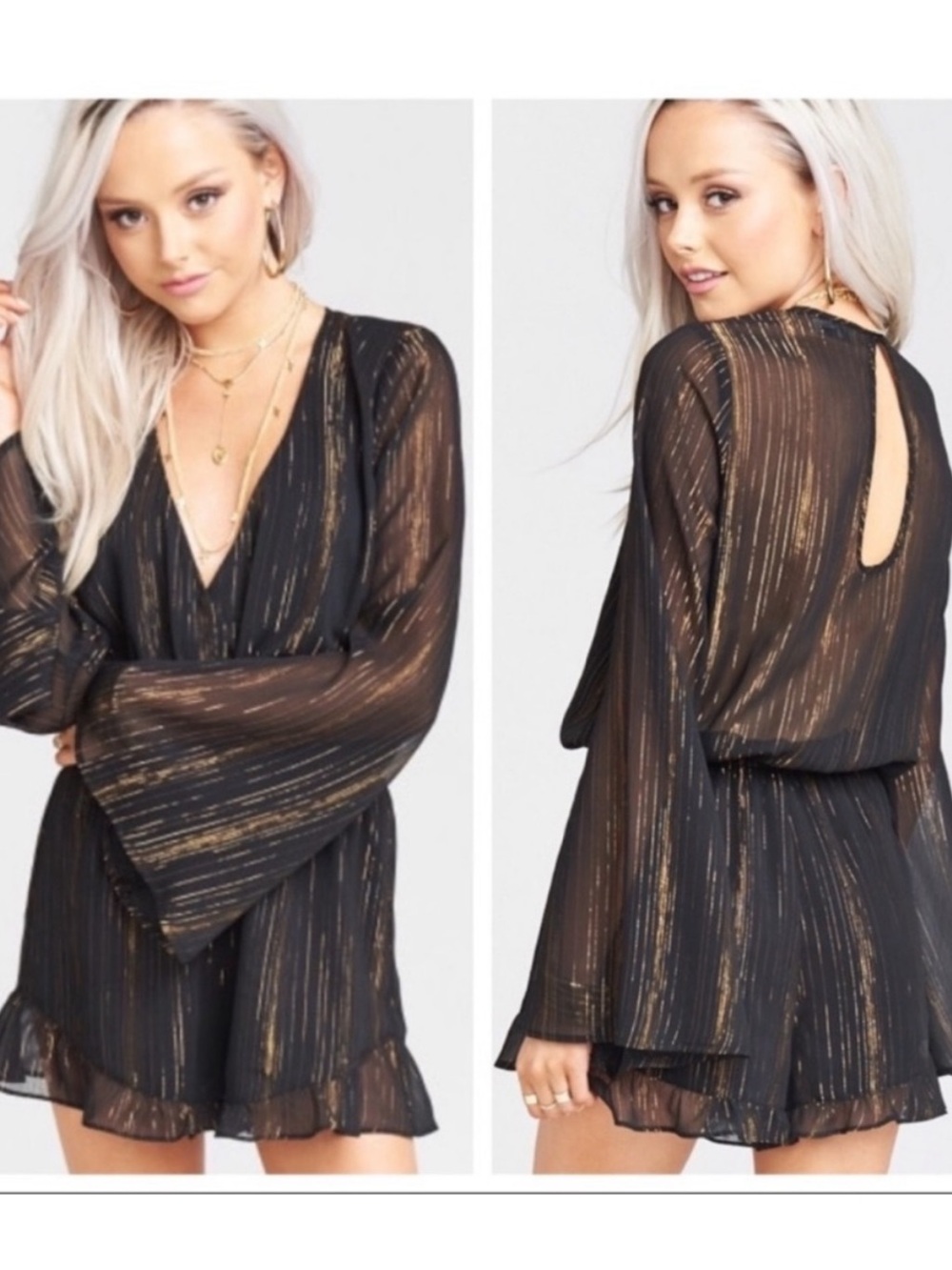Show Me Your Mumu Loretta Romper Sparkle & Shine Black Gold Bell Sleeve Small
